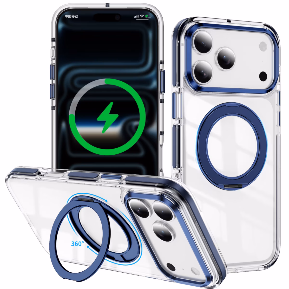 כיסוי CyberShield Stand MagSafe כחול כהה לאייפון עם מעמד מסתובב 360 מעלות