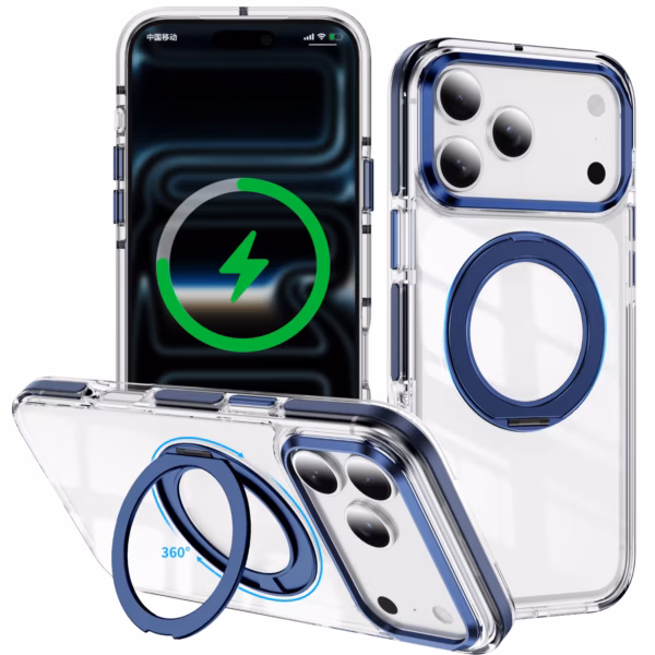 כיסוי CyberShield Stand MagSafe כחול כהה לאייפון עם מעמד מסתובב 360 מעלות