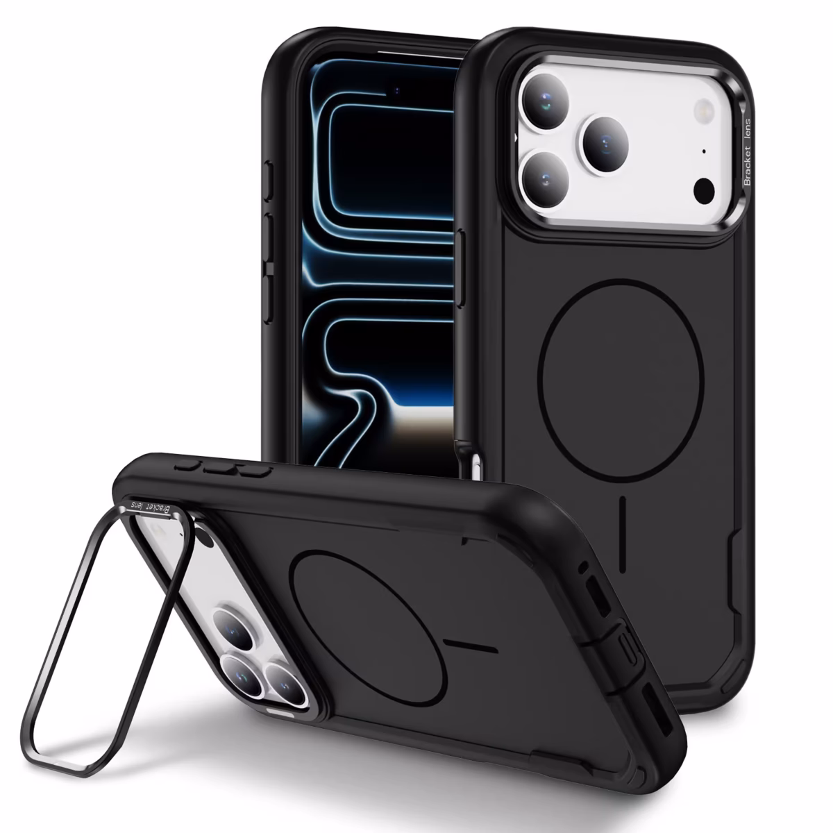 כיסוי CyberShield Titan MagSafe שחור לאייפון עם מעמד מובנה והגנה חזקה