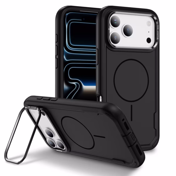 כיסוי CyberShield Titan MagSafe שחור לאייפון עם מעמד מובנה והגנה חזקה