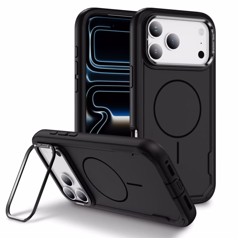כיסוי CyberShield Titan MagSafe שחור לאייפון עם מעמד מובנה והגנה חזקה