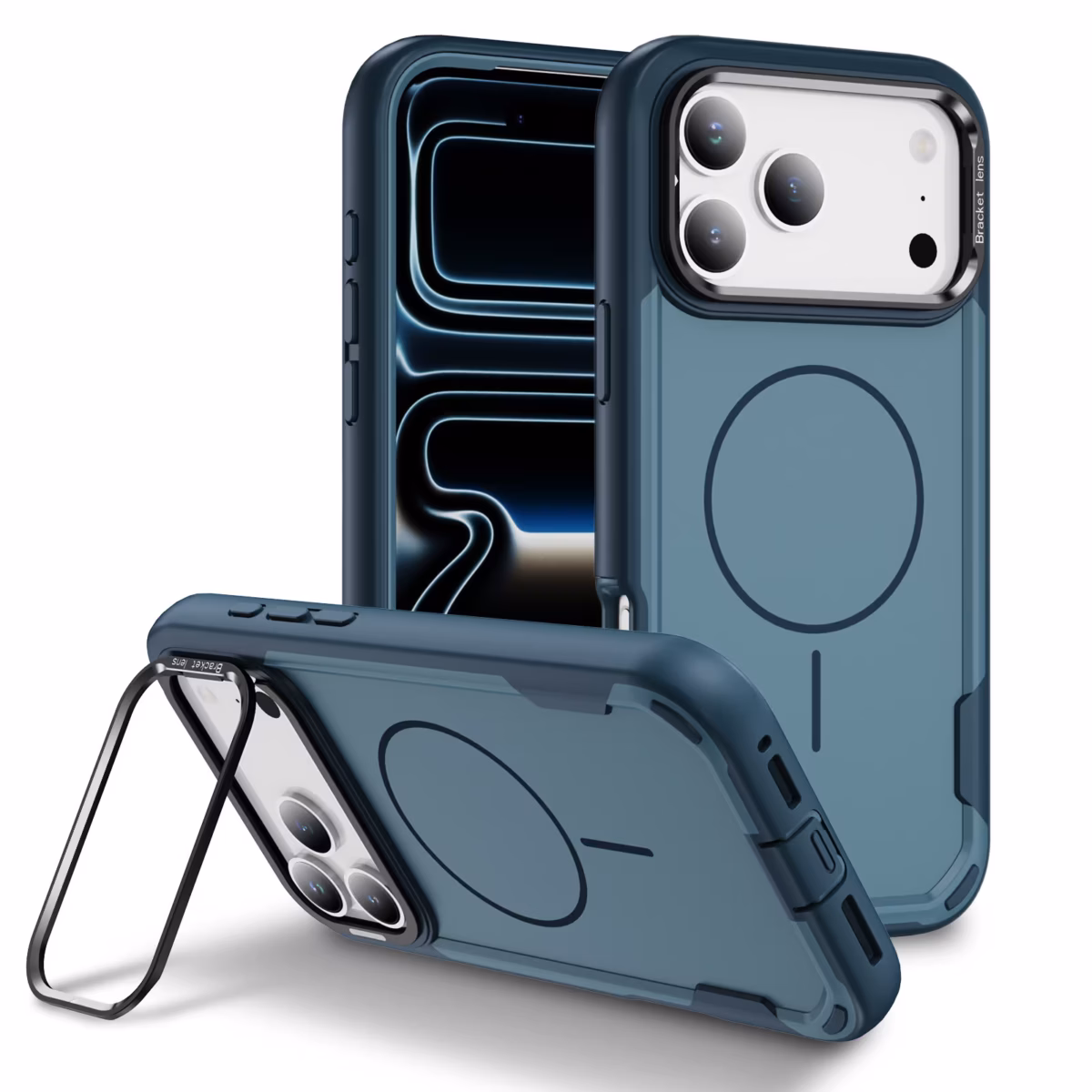 כיסוי CyberShield Titan MagSafe כחול לאייפון עם מעמד אחורי והגנה מוגברת